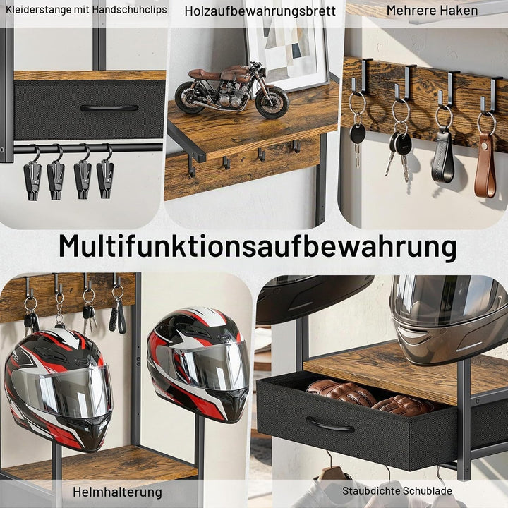 Housolution Motorradhelm Wandhalterung mit Stoffschublade, Helmhalterung mit 4 Handschuhchips und 4