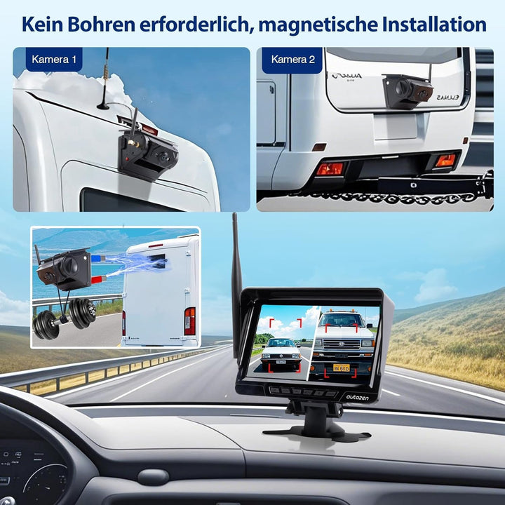 1080P Daul Magnetisch Rückfahrkamera Kabellos Solar mit 7" Display, 170° Weitwinkelobjektiv sorgt, 9