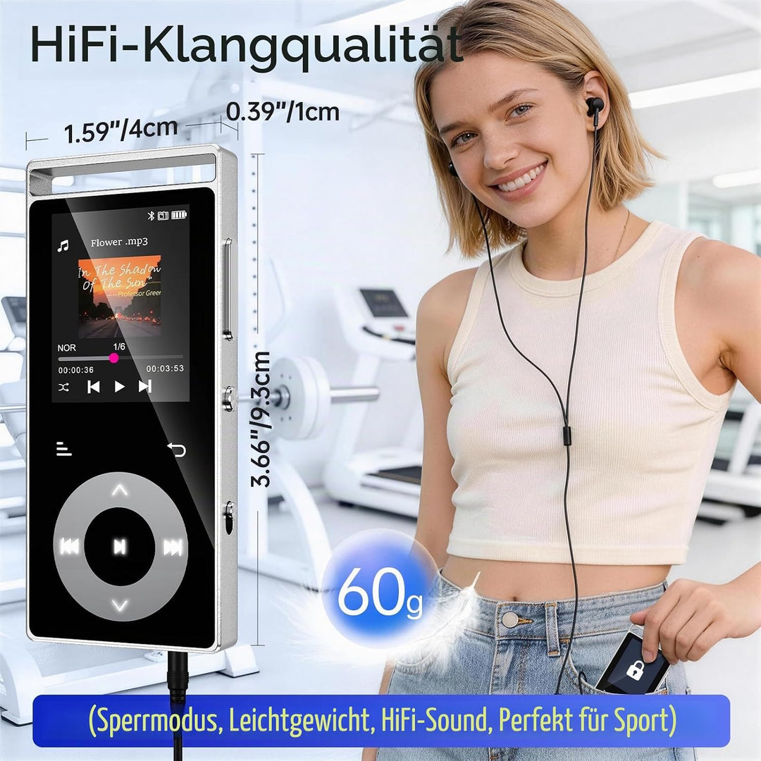 90GB MP3 Player Bluetooth 5.3, MP3-Player mit HiFi-Sound Touch-Tasten | MP3 mit Musik, Farbdisplay,