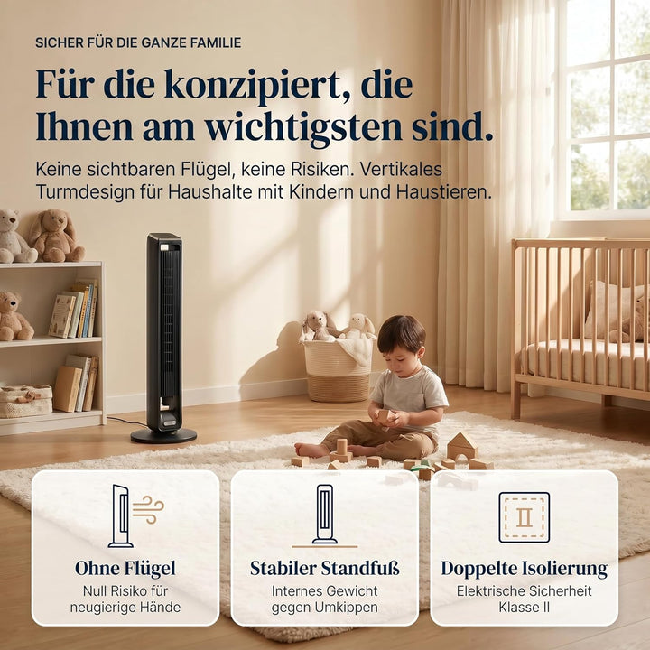 Turmventilator (107 cm), 19 dB, Windgeschwindigkeit bis zu 8.2 m/s, LED-Touchdisplay, Fernbedienung,
