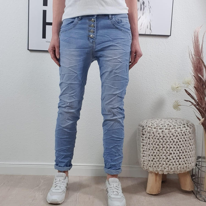Karostar Damen Boyfriend Stretch Jeans mit offener Knopfleiste
