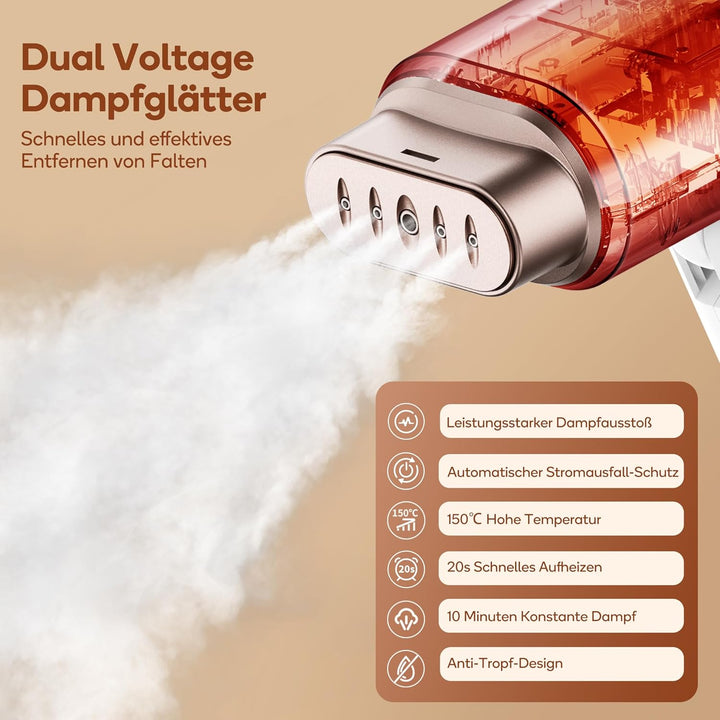 Newbealer Steamer Reise Dampfglätter, 2-in-1 Reisebügeleisen mit umschaltbarer Spannung - 220V/120V,