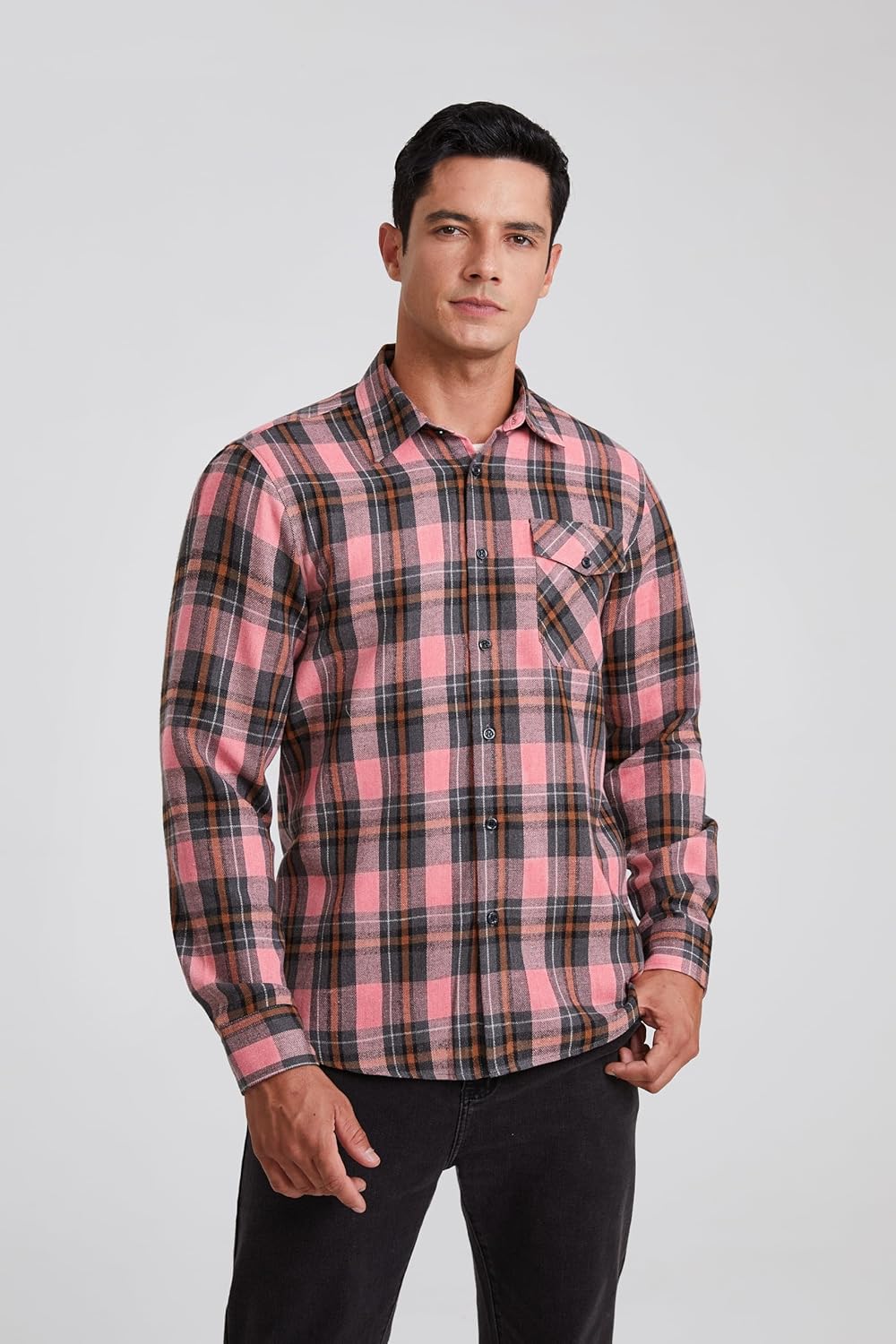 HISDERN Herren Hemd Checked Flanell Shirt, Herren Langarm Oberteil für Männer mit Brusttaschen, Butt