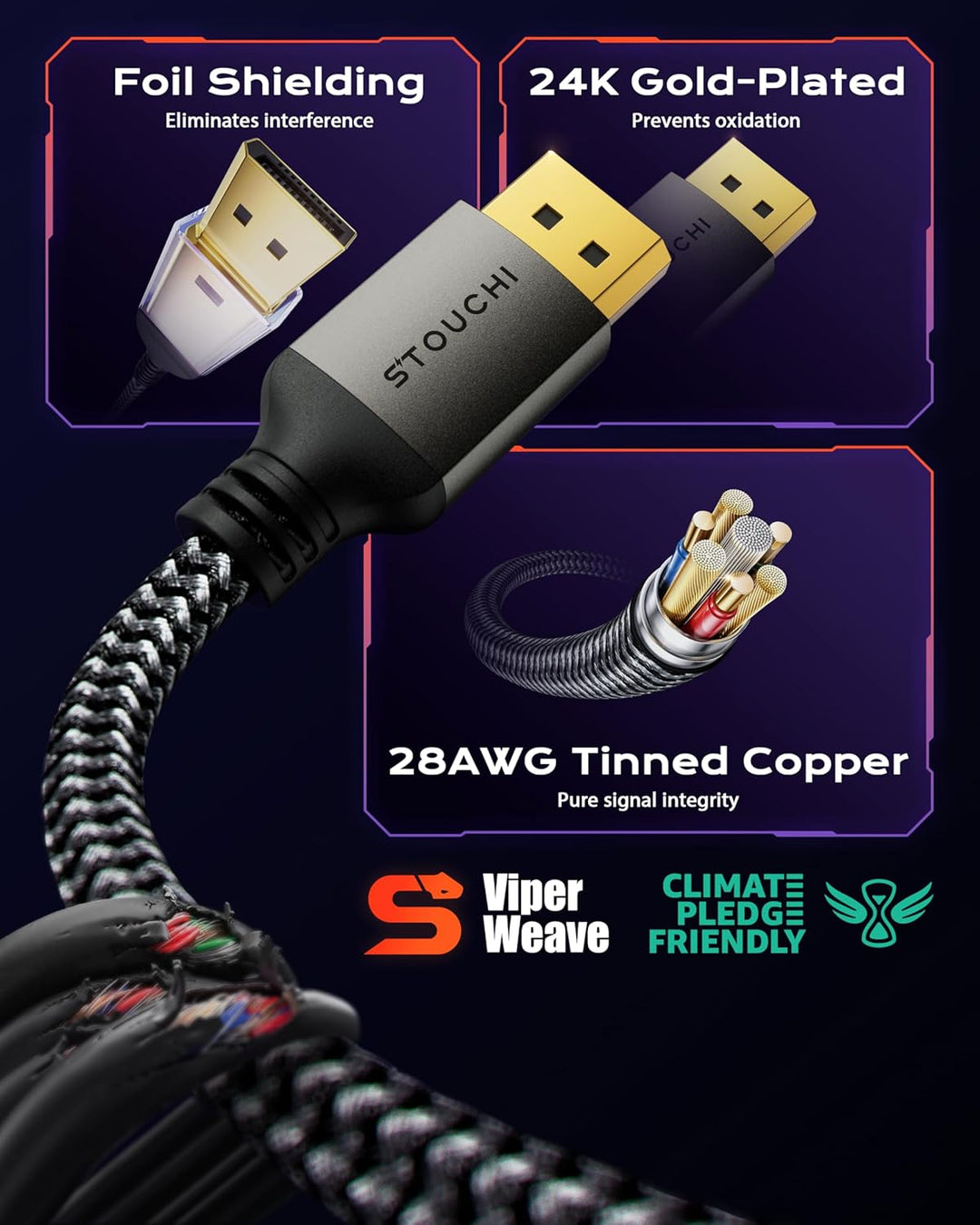 Stouchi DisplayPort Kabel 2.1 0.5M | VESA Zertifiziert | 80 Gbit/s [16K@60Hz | 8K@240Hz | 4K@540Hz]