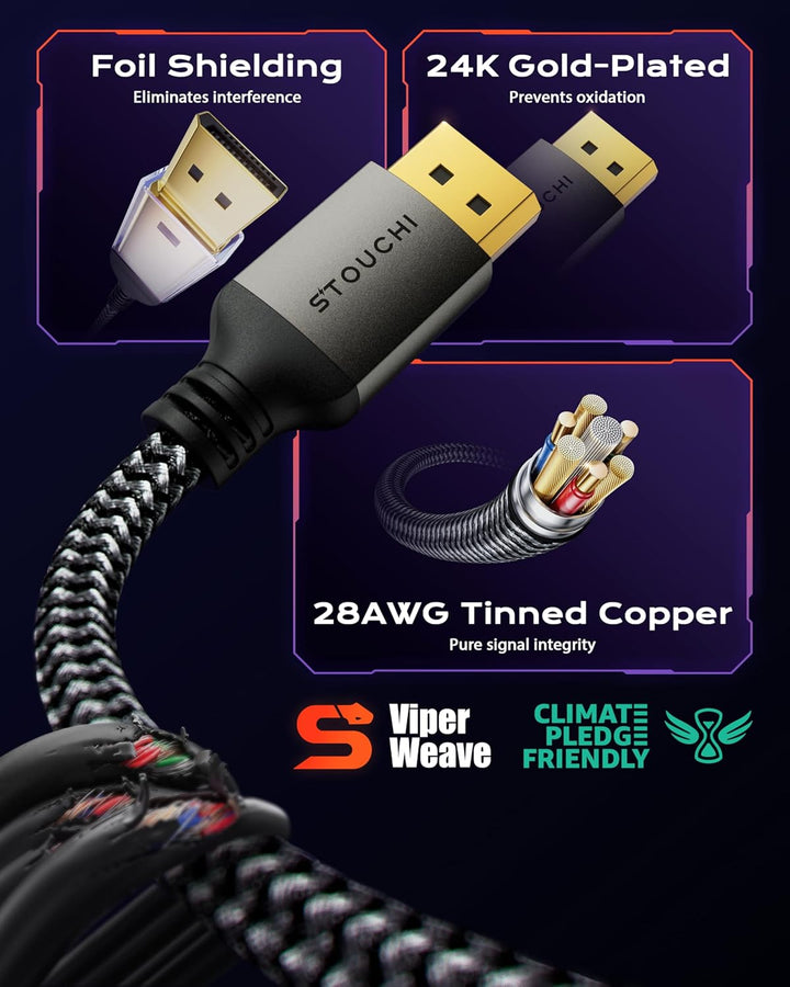 Stouchi 80Gbps DisplayPort Kabel 2.1 2M | VESA Zertifiziert | 80 Gbit/s [16K@60Hz | 8K@240Hz | 4K@54