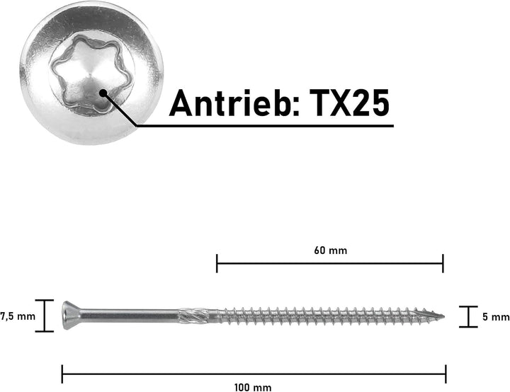 SCREW REBEL Terrassenschrauben 5 x 100 mm - 200 Stück - Edelstahl gehärtet martensitisch mit Zulassu