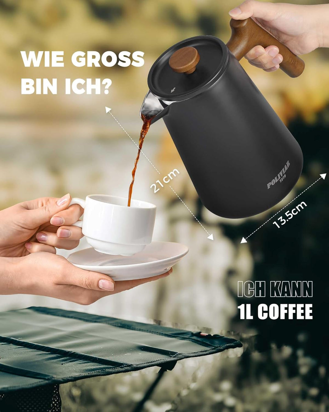 Poliviar French Press Kaffeebereiter 1 Liter/8 Tassen, Doppelwandige Isolierte Kaffeekanne und Teebe