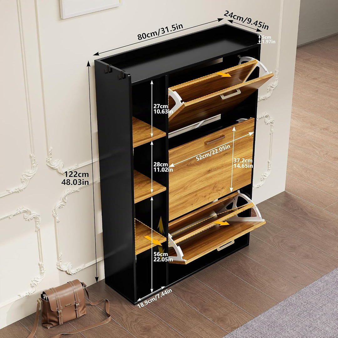 Schuhschrank mit 3 Klappen Schuhkipper Schmal Schuhschrank mit 3 Flip-Schuhregal und 4 Ablagefächer