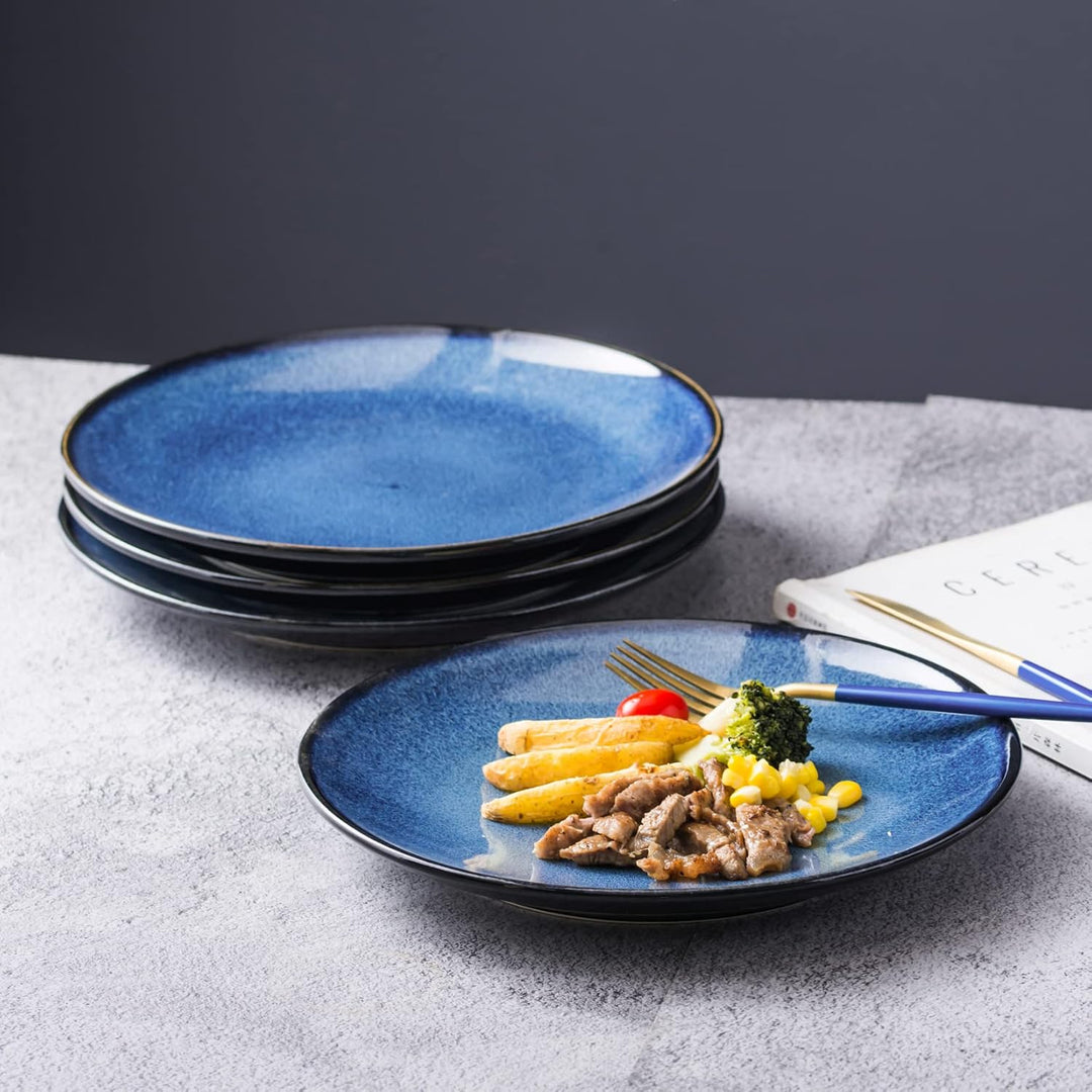 UNICASA Porzellan Tellerset, 26 cm grosse Salatteller Vintage Blau, Speiseteller Set 4-tlg Geschirrs