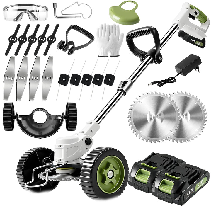 Rasentrimmer mit Akku - Cordless Lawn Strimmer with Wheels 2 Batteries 6 Metal Blades 10 Plastic Bla