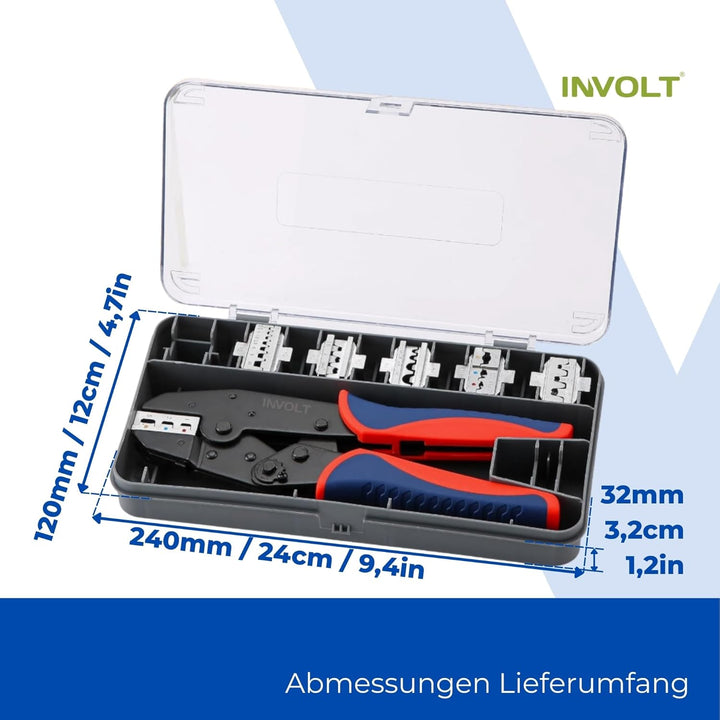 INVOLT Crimpzangen-Set mit 6 Wechselbacken für 0,25-10 mm², Crimpwerkzeug für Kabelschuhe, Flachstec