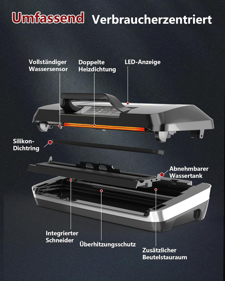 95kPa Vakumierergerät für Lebensmittel, 12-in-1 Vacuum Sealer mit Doppelter Heisssiegelung, Vakuumie
