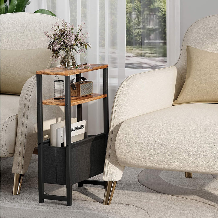 Konsolentisch Schmal 3 Ablagen Schmaler Nachttisch Rustikales Braun Sideboard Sofatisch mit Stauraum