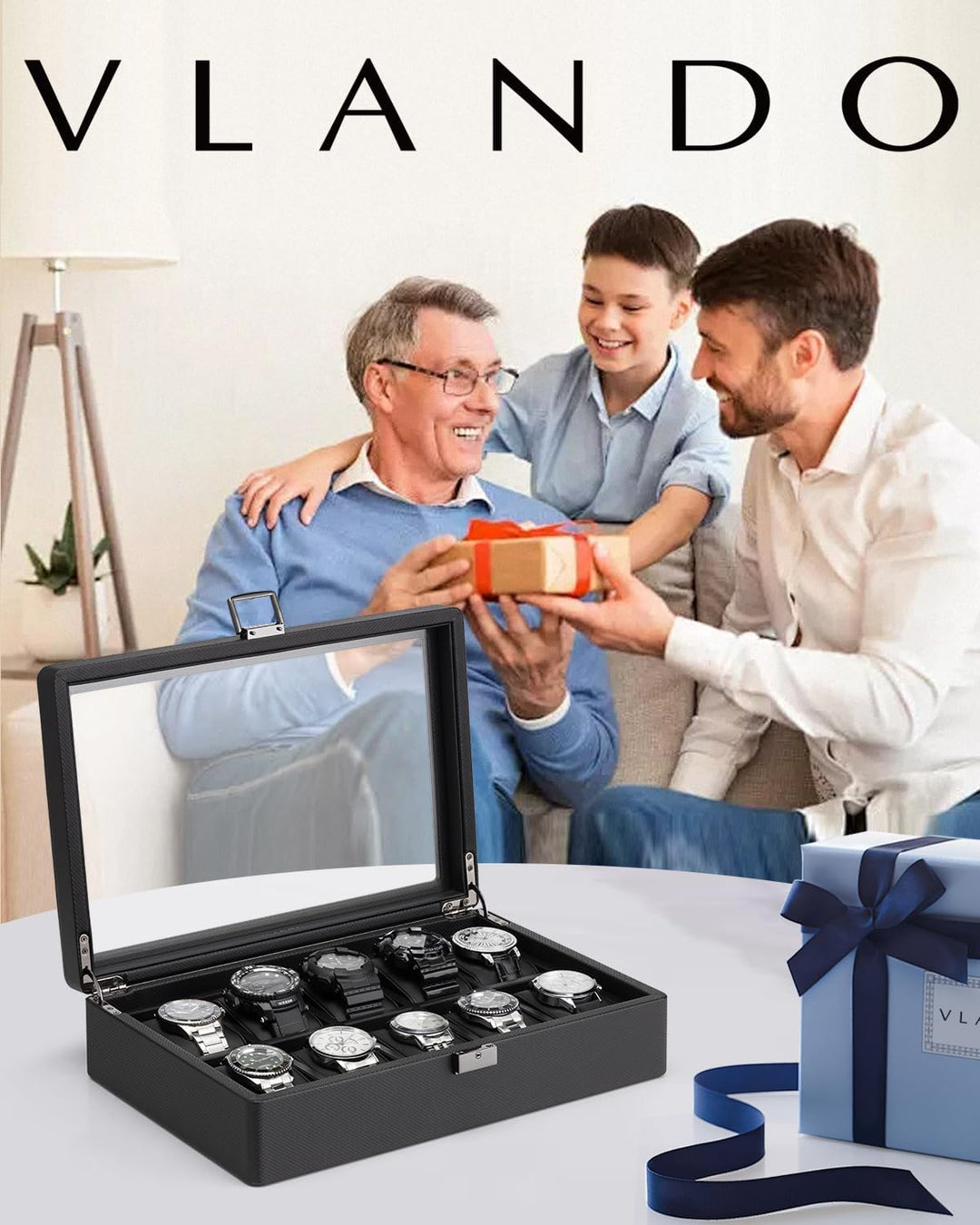 Vlando Uhrenbox mit 10 Fächern, Uhrenkasten mit Glasdeckel, Uhrenaufbewahrung Herren, Uhrenvitrine m