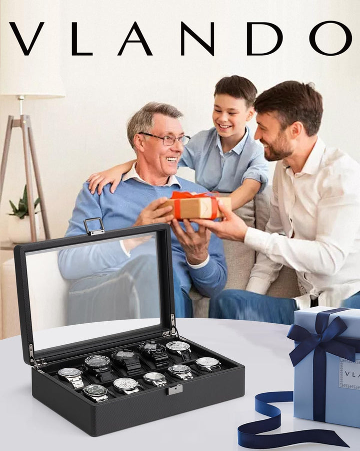 Vlando Uhrenbox mit 10 Fächern, Uhrenkasten mit Glasdeckel, Uhrenaufbewahrung Herren, Uhrenvitrine m
