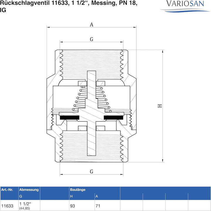 VARIOSAN Rückschlagventil 11633, 1 1/2", Messing, PN 18, IG, 1 1/2"