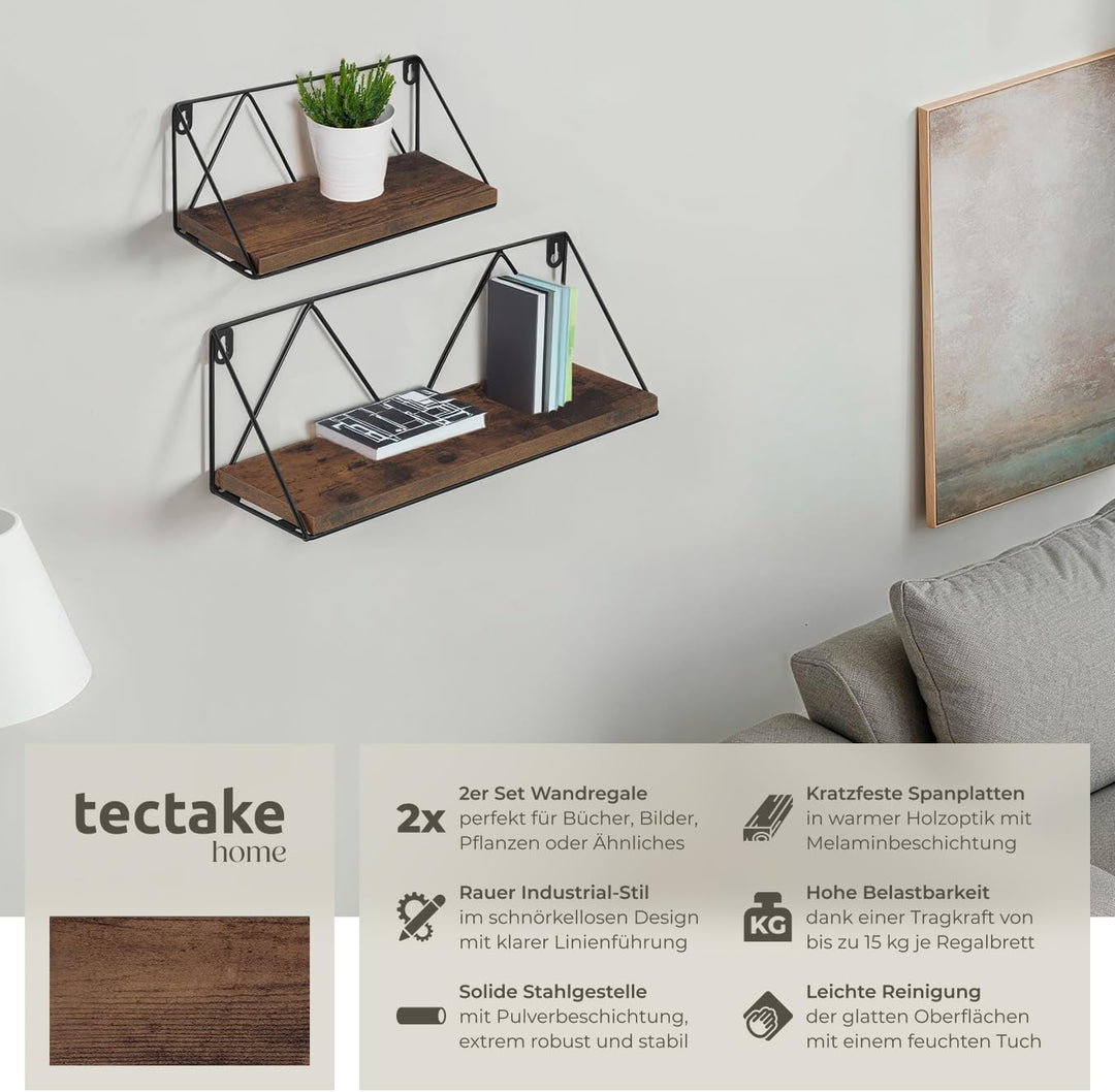 tectake® Industrial Wandregal Holz, 2er Set Regal Wand, Regale, Hängeregal, für Deko Wohnzimmer, Sch