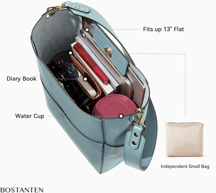 BOSTANTEN Leder Damen Handtasche Schultertasche Umhängetasche Designer Tasche Gross Hellblau, Hellbl
