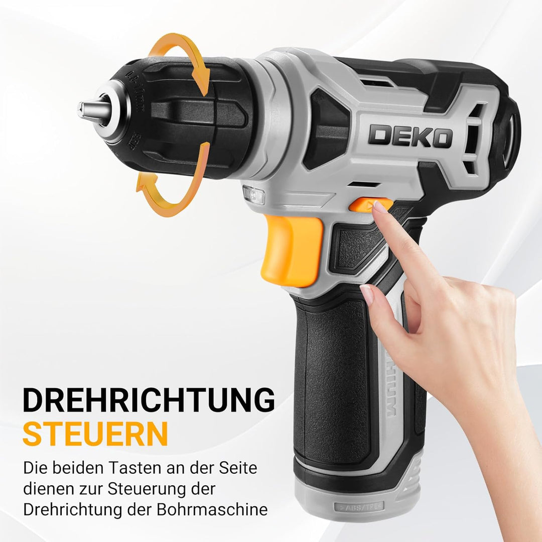 DEKO 126 Stück Elektrowerkzeug Combo Kits mit 8V Akku Bohrer, 10MM 3/8'' Keyless Chuck, Professionel