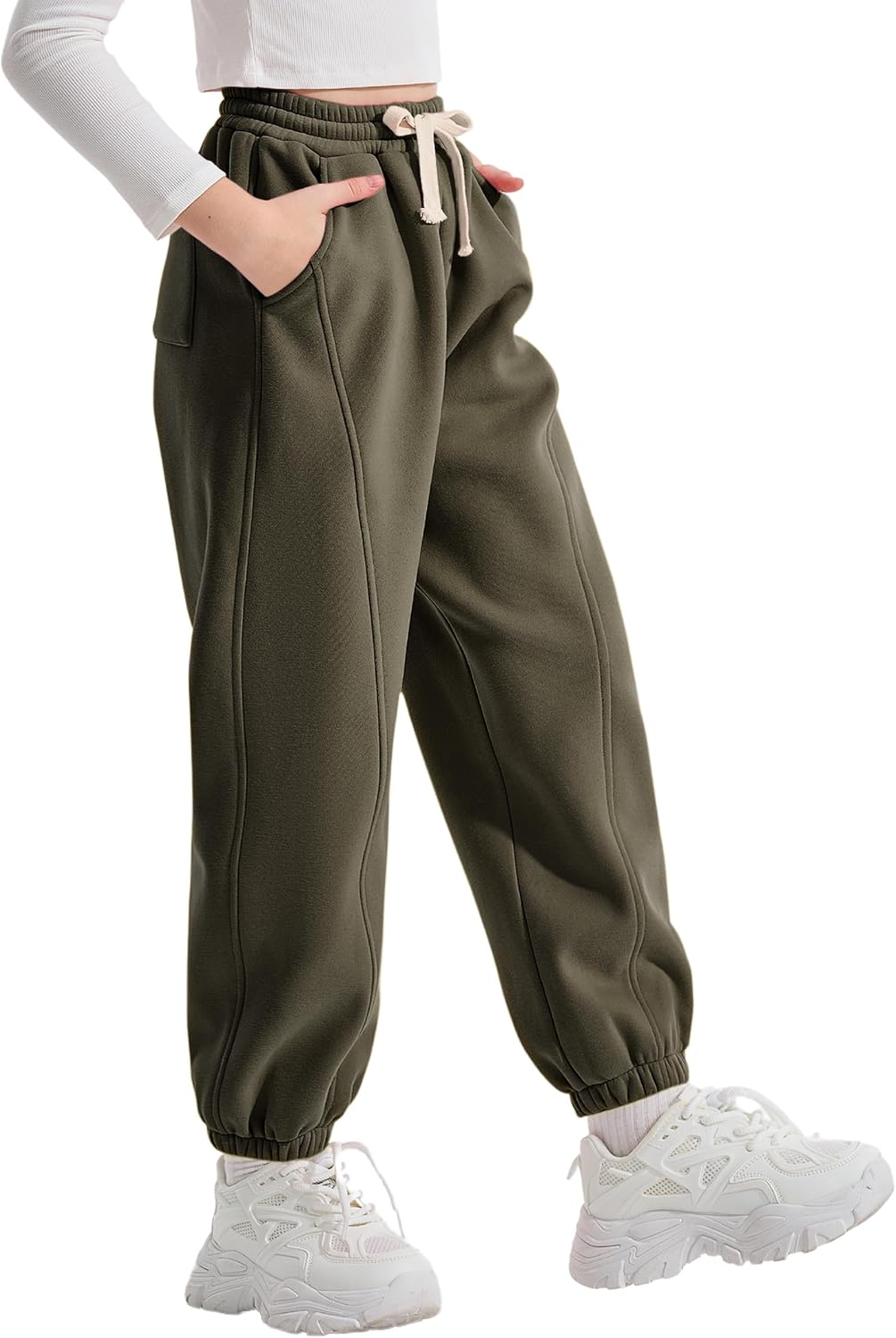 Rolanko Jogging Hose für Mädchen, Baumwoll Fleece Sport Joggers Trainingsanzug mit Mehreren Taschen