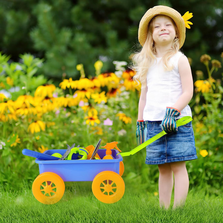 deAO Gartenset mit Schubkarre Kinder, Schaufel, Rechen, Blumentöpfe, Giesskanne Usw, 14Pcs Kinder Ga