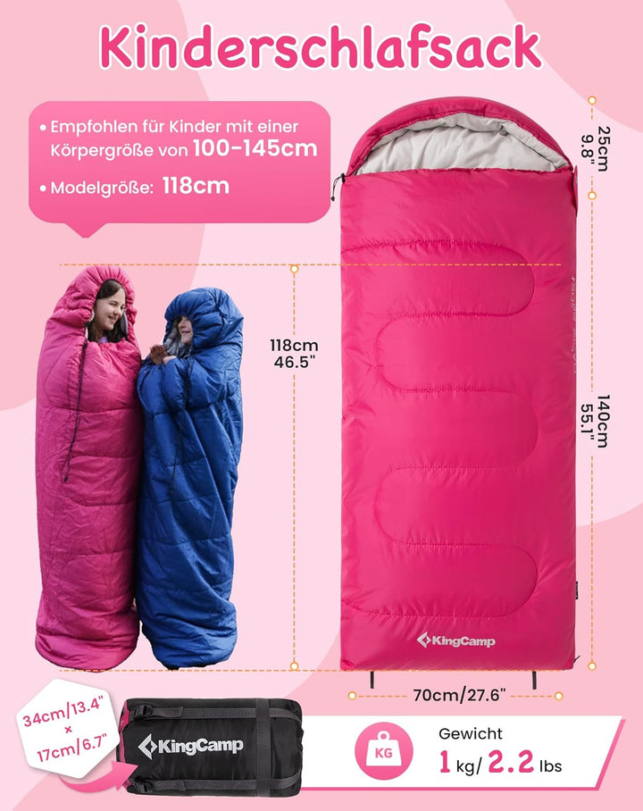 KingCamp Kinderschlafsack 3 Jahreszeiten Deckenschlafsack für Kinder 100-140cm Leicht Warm für Campi