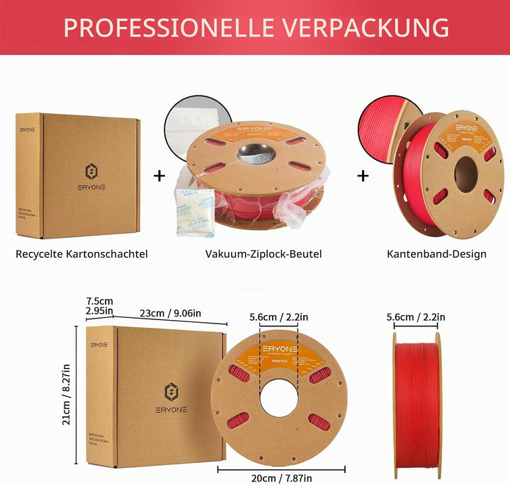 ERYONE Matte PLA 3D Drucker Filament 1.75mm, Massgenauigkeit +/- 0.03 mm, 1 kg 1 Spule, Matte Rot, M
