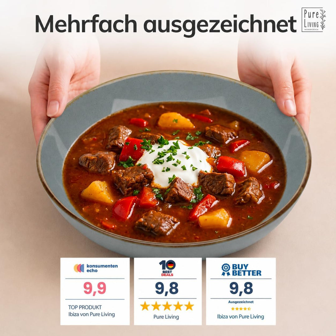 Steingut Suppenteller 6 Pers. Rustic Hochwertiges Landhausstil TEST SEHR GUT Tiefe Teller Set - Krat