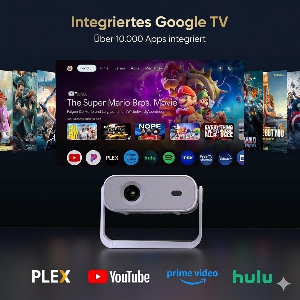 [Wielio 2026 Upgrade Google TV Beamer] Natives 1080P, 4K-Unterstützung, 25000 Lumens,elektrischer Fo
