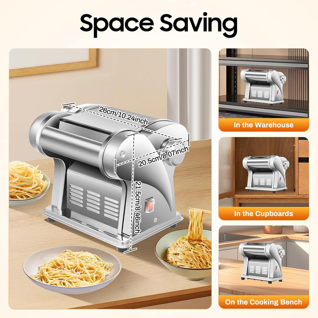 Nudelmaschine Elektrische Edelstahl Pasta Maker mit 2 Klingen 2 mm/4 mm, 8-Stufige Dickeinstellung,