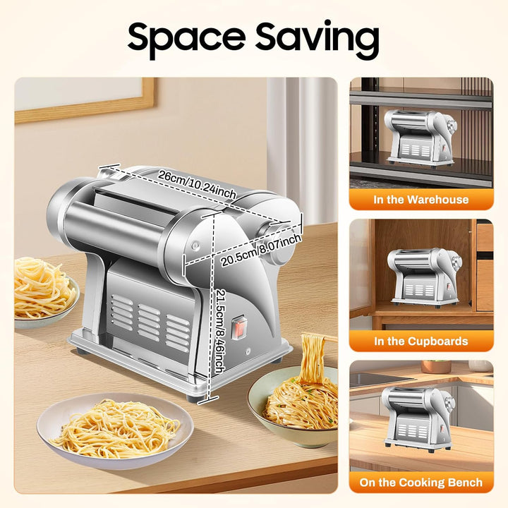 Nudelmaschine Elektrische Edelstahl Pasta Maker mit 2 Klingen 2 mm/4 mm, 8-Stufige Dickeinstellung,