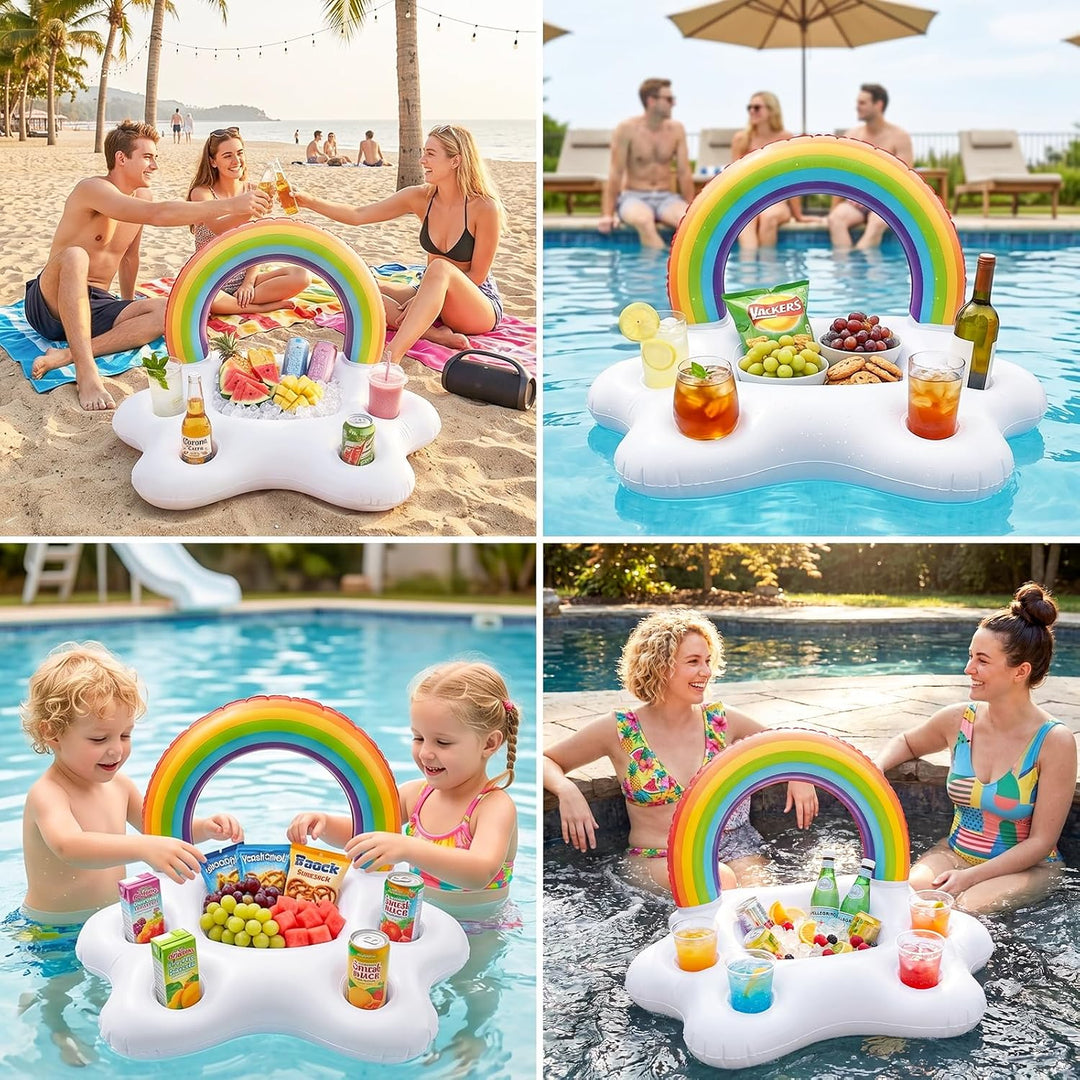 Morofme Regenbogen Getränkehalter Pool, 2in1 Snacks Poolbar Aufblasbar, 5 Löcher Aufblasbarer Geträn