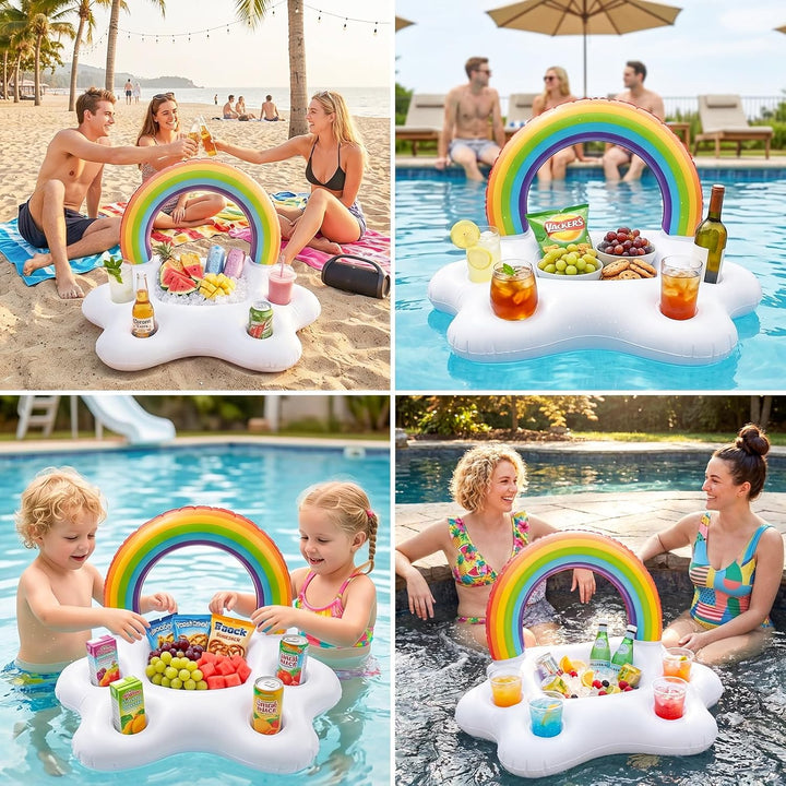 Morofme Regenbogen Getränkehalter Pool, 2in1 Snacks Poolbar Aufblasbar, 5 Löcher Aufblasbarer Geträn
