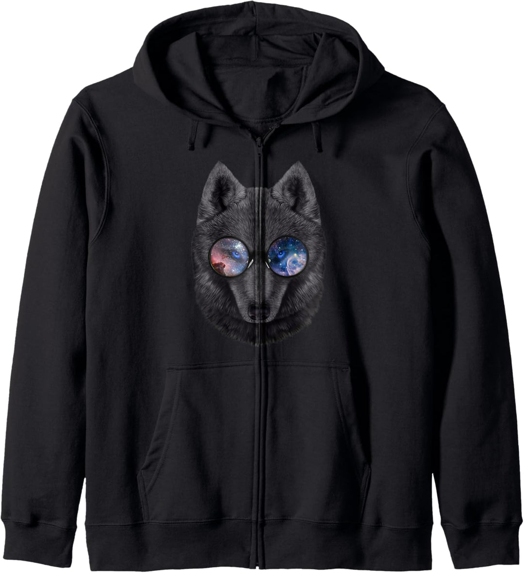 Schwarzer Wolf, die Raumgalaxiensonnenbrille trägt Kapuzenjacke