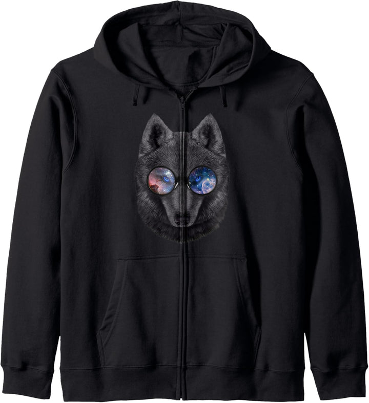 Schwarzer Wolf, die Raumgalaxiensonnenbrille trägt Kapuzenjacke