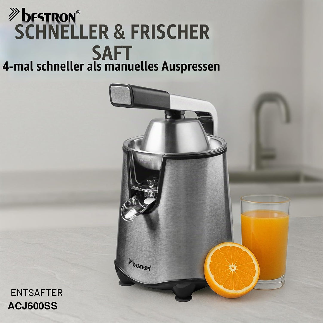 Bestron elektrische Saftpresse, Orangenpresse mit Auslauf-Stopp Funktion &amp; edelstahl Fruchtfleischsi