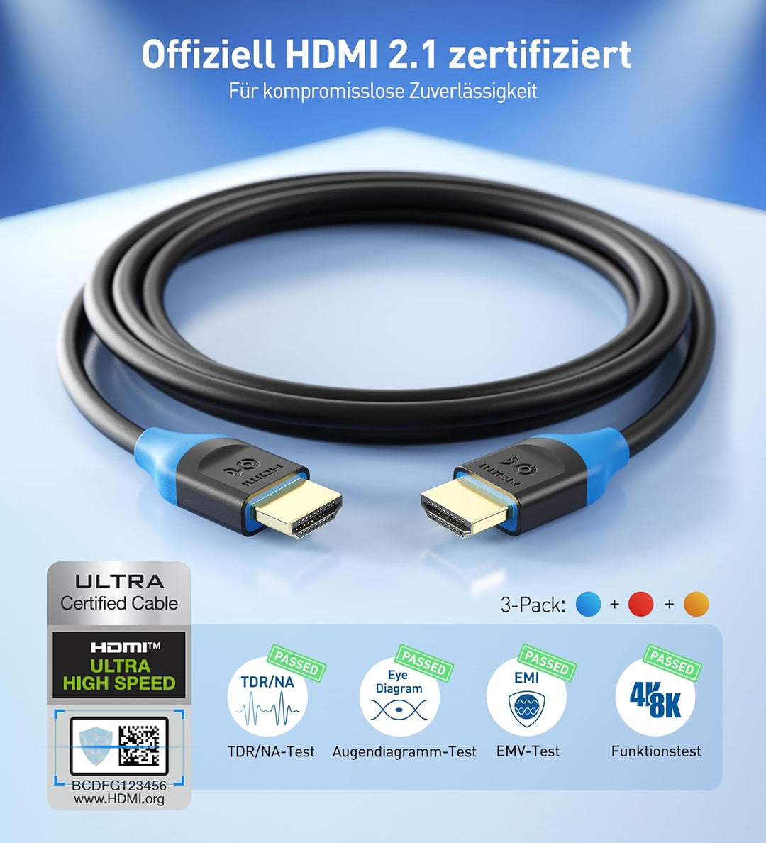 [Ultra-High-Speed-HDMI-Zertifiziert] Cable Matters 3er-Pack 48Gbps 8K HDMI Kabel 3m, HDMI Kabel mit