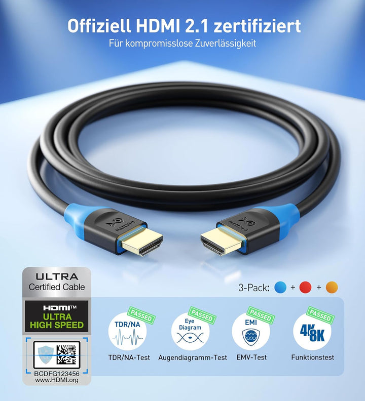 [Ultra-High-Speed-HDMI-Zertifiziert] Cable Matters 3er-Pack 48Gbps 8K HDMI Kabel 3m, HDMI Kabel mit