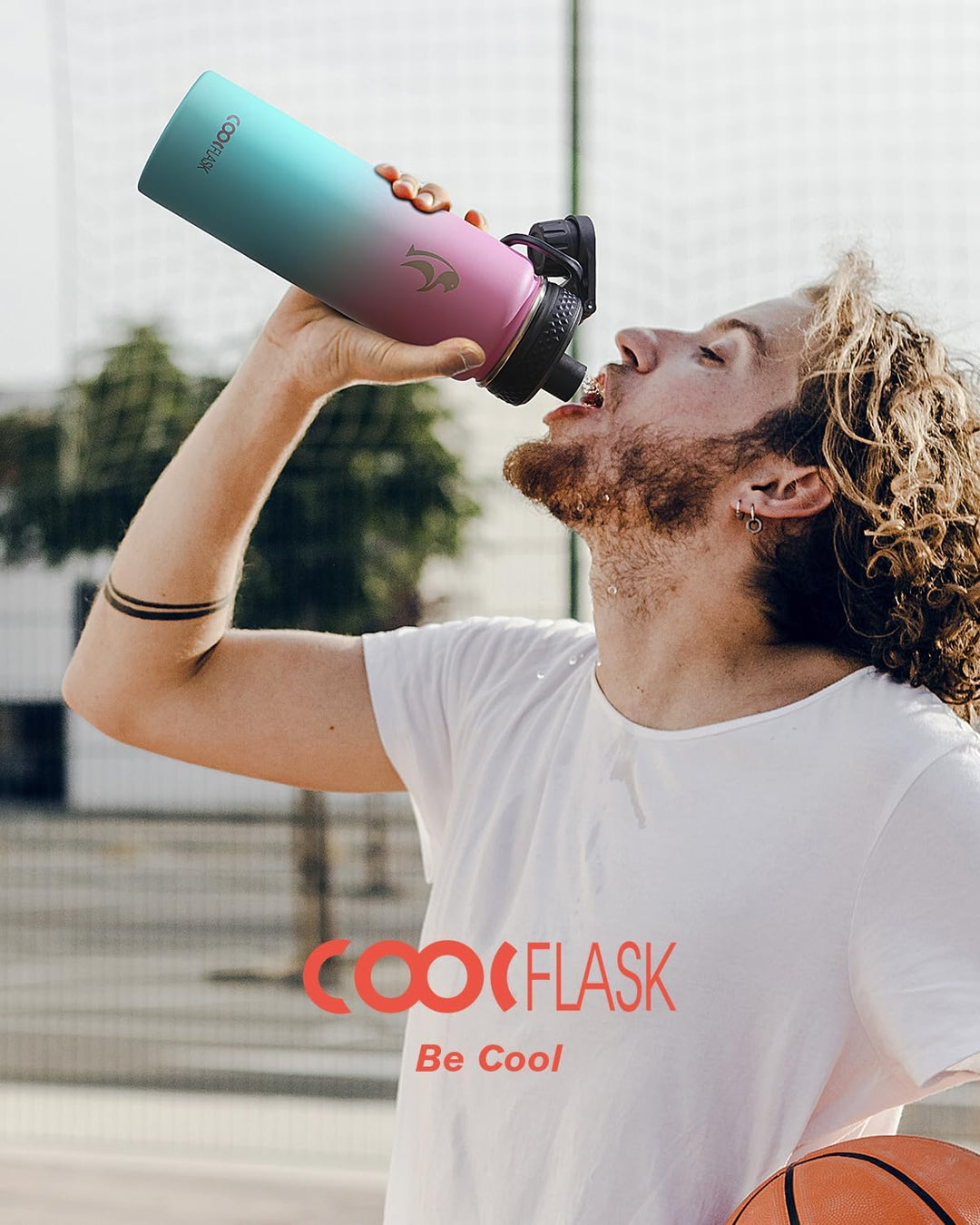 Coolflask Wasserflasche mit Strohhalm, isoliert, Edelstahl, Metall, 3 Deckel, breite Öffnung, für Sp
