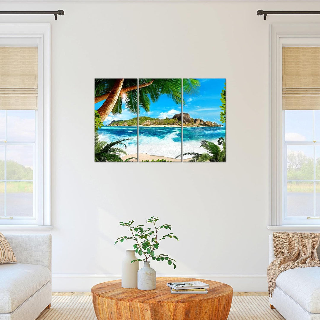 Runa Art Wandbilder Karibik Insel Bild XXL Wohnzimmer Schlafzimmer Blau Palme Meer 120 x 80 cm 3 Tei