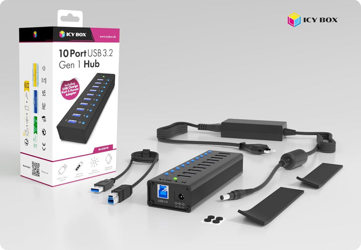 ICY BOX IB-AC6110 10-fach USB 3.0 Hub mit Netzteil (12V/4A), Ladeport, Voll-Aluminium, Klettbefestig
