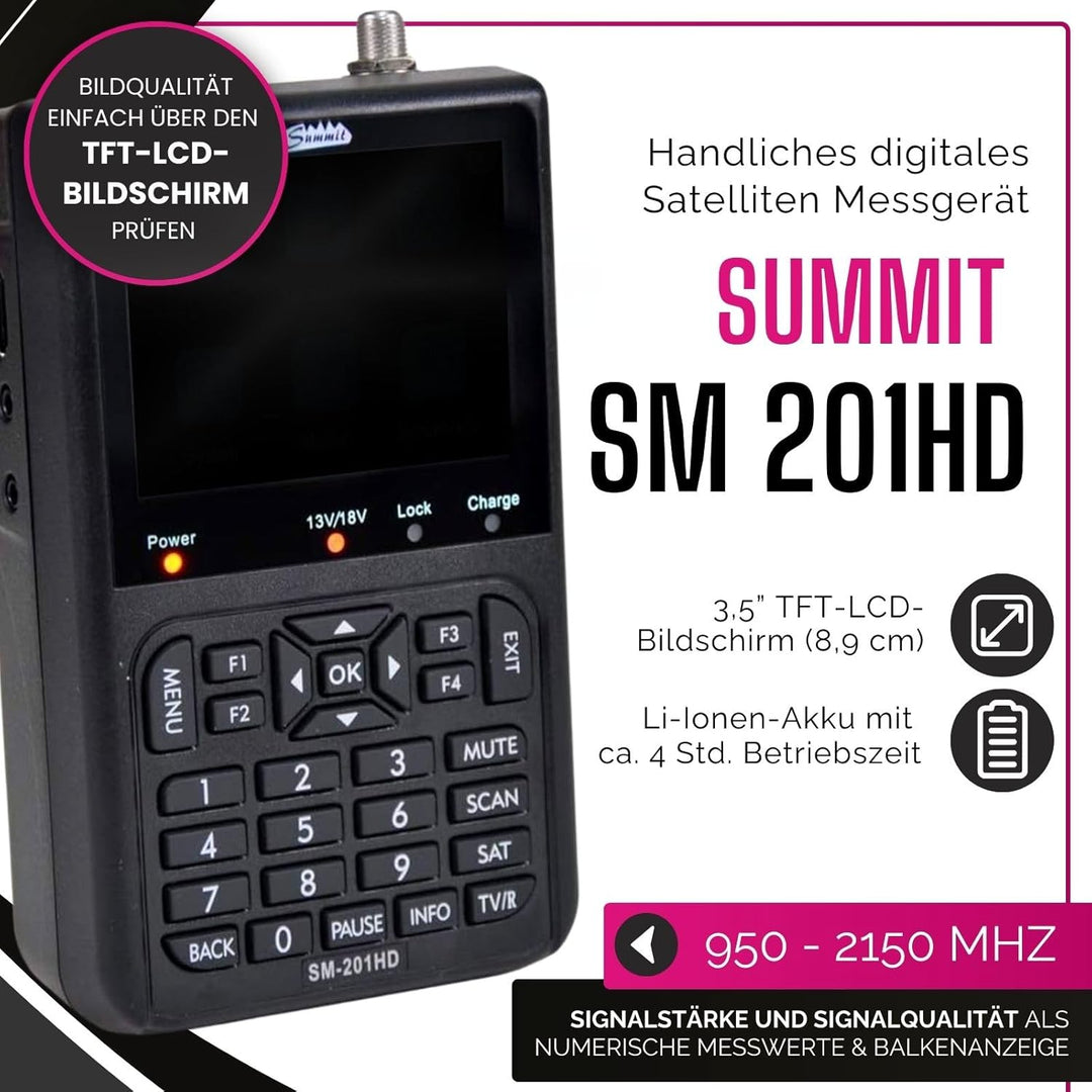 Summit SM 201HD Satelliten Messgerät I Sat Finder für DVB-S/S2 I Digitales Messgerät mit 3,5" TFT LC