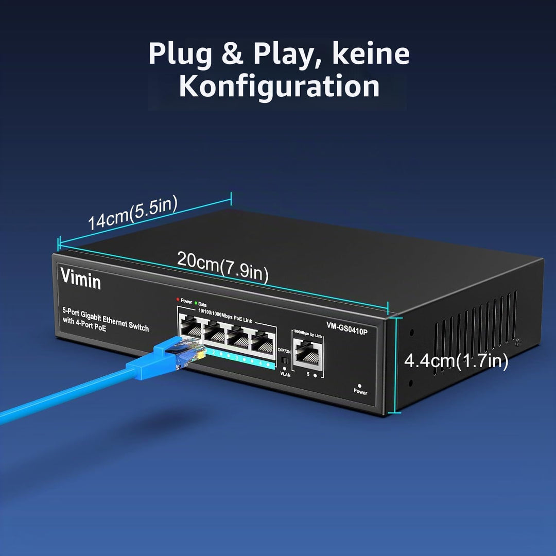 VIMIN 4-Port Gigabit PoE Switch mit 1 Uplink Gigabit Port, 5-Port Unmanaged Ethernet PoE Switch mit