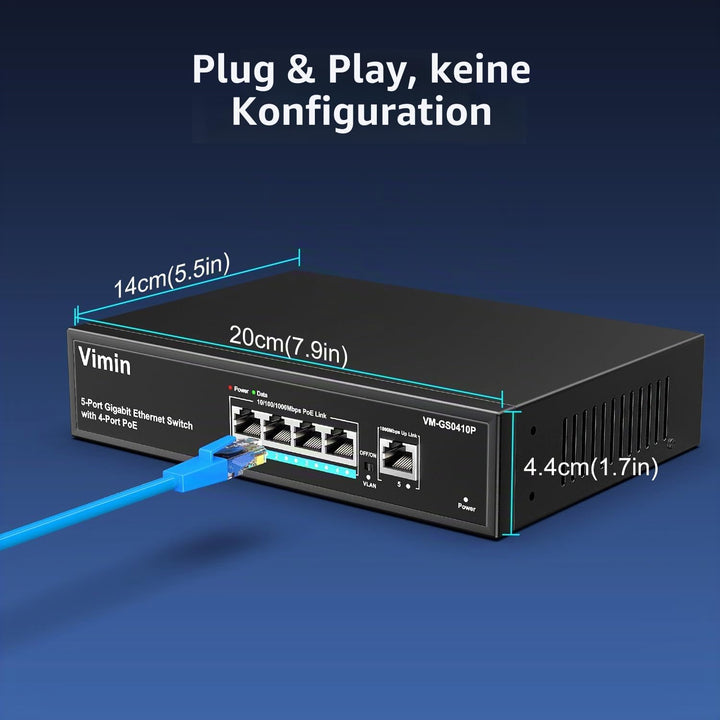 VIMIN 4-Port Gigabit PoE Switch mit 1 Uplink Gigabit Port, 5-Port Unmanaged Ethernet PoE Switch mit