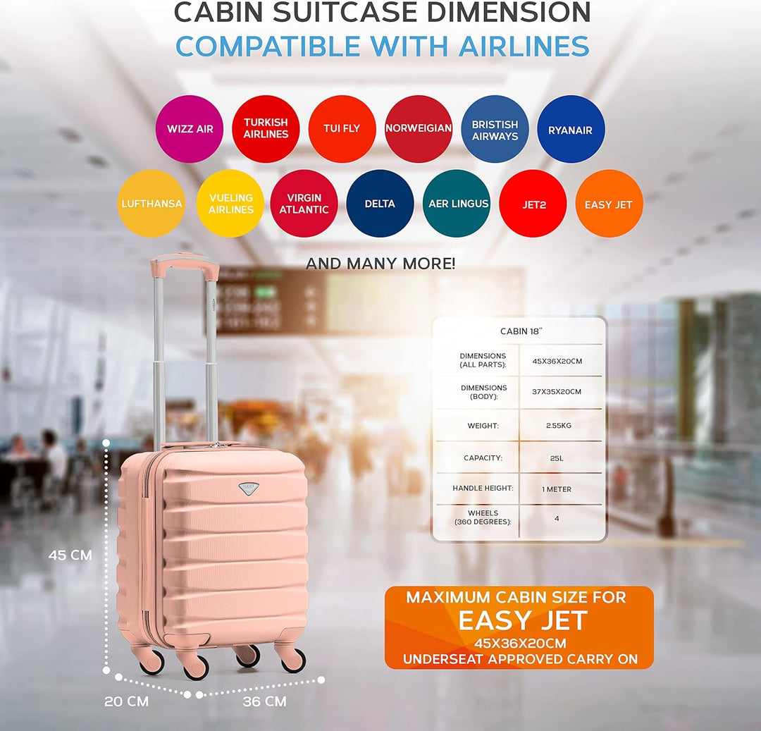 Flight Knight Lightweight 4 Wheel ABS Hard Case Suitcases Cabin Carry On Hand Luggage Approved for O