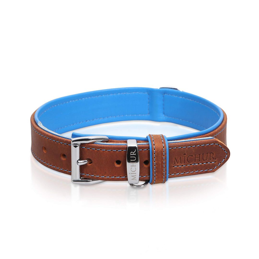 MICHUR Charly Hundehalsband Leder Braun Blau, Lederhalsband Hund, Halsband, Leder, in verschiedenen