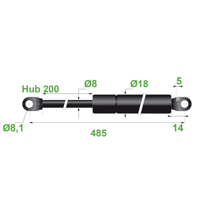 Gasdruckfeder 8/18 8,1 Hub=200 L=485mm 350N(0179)