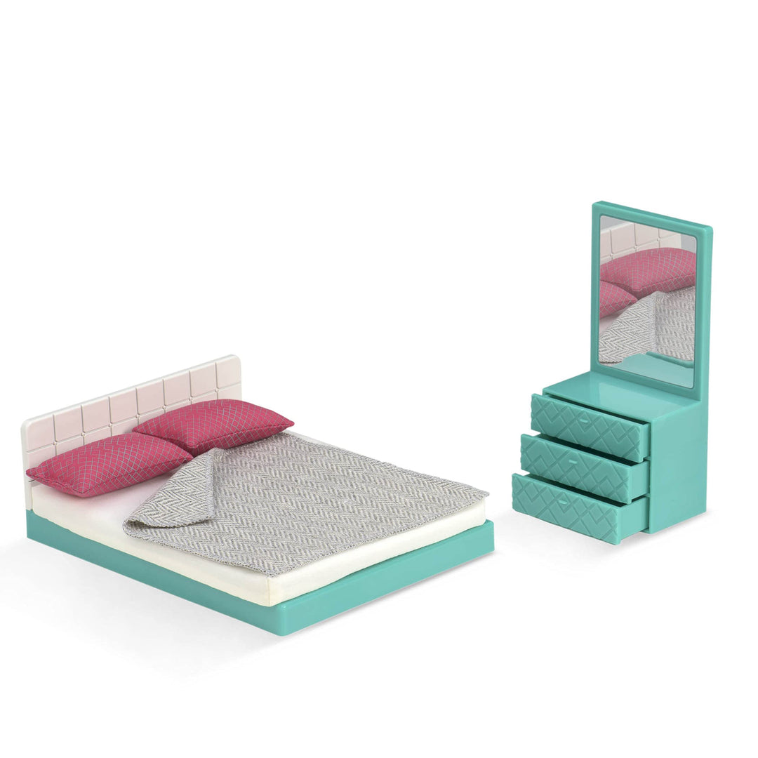Lori - Gemütliches Schlafzimmerset - Schlafzimmermöbel für Mini-Puppen - Modernes Puppenhauszubehör