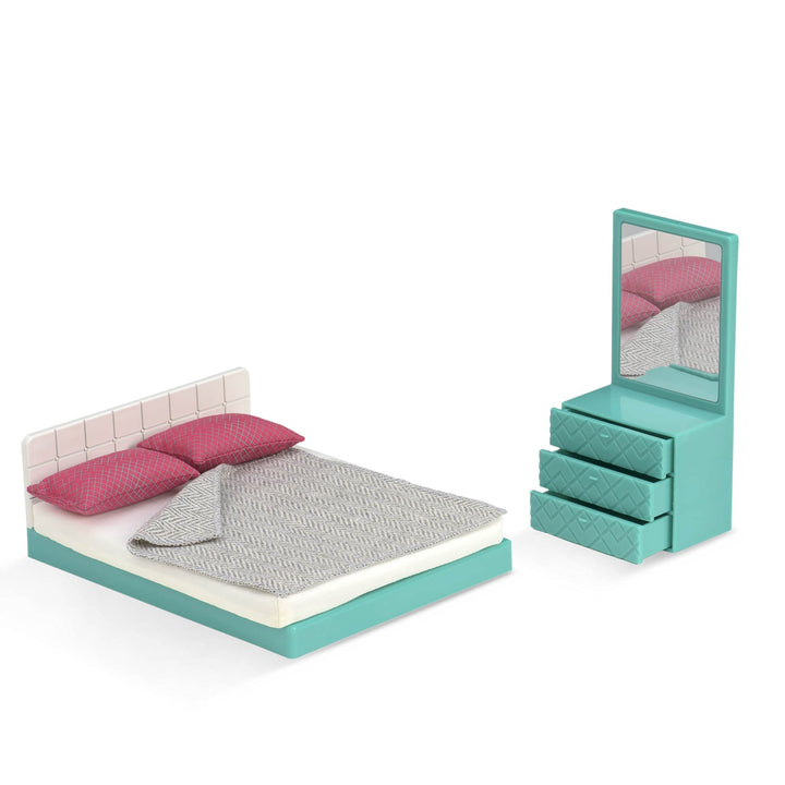Lori - Gemütliches Schlafzimmerset - Schlafzimmermöbel für Mini-Puppen - Modernes Puppenhauszubehör