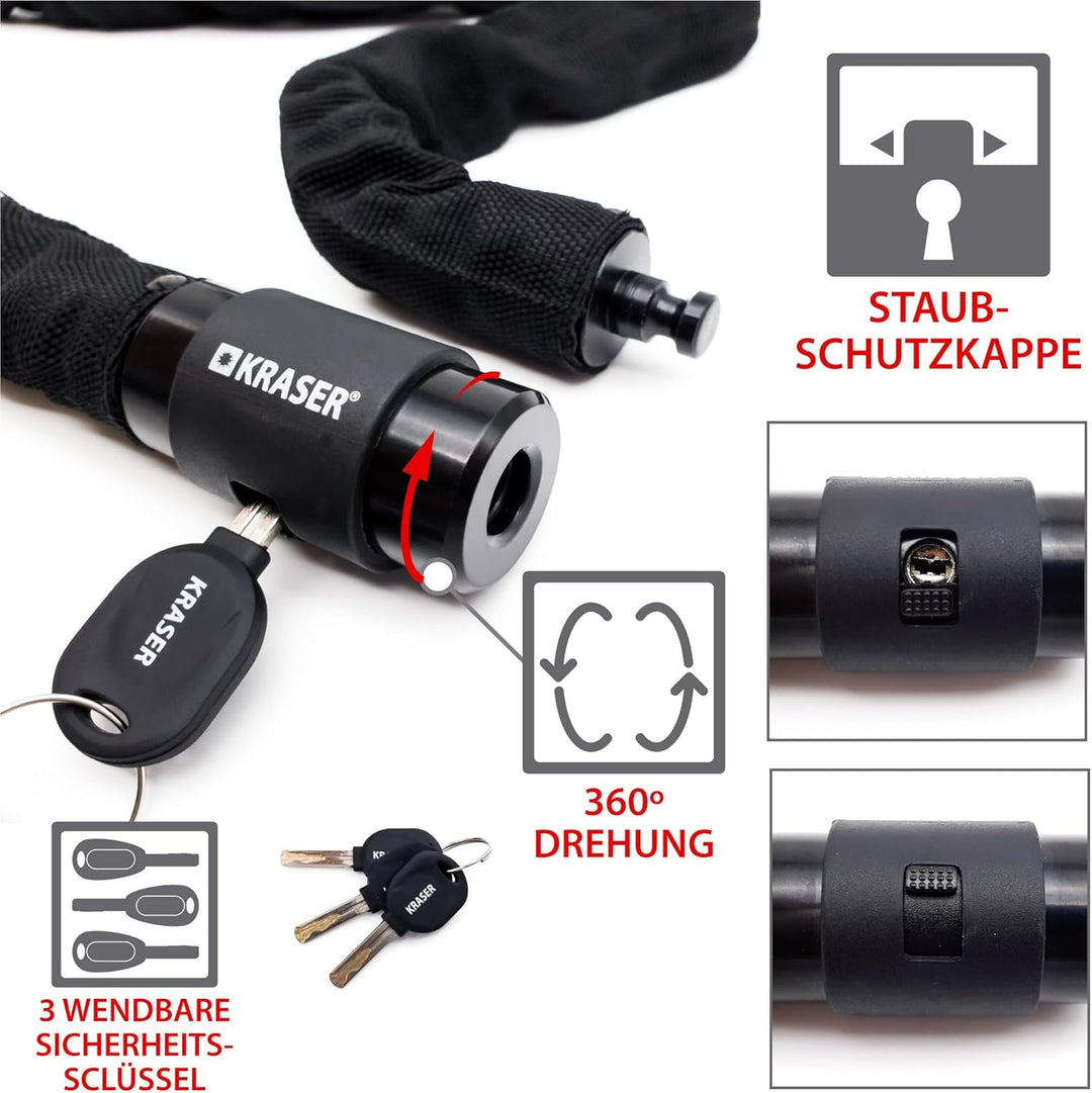 KRASER KR620 Fahrradschloss Fahrrad Kettenschloss mit wasserdichter Abdeckung 360 Grad Drehbares Ver